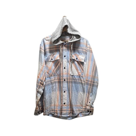 No Boundaries Mens Plaid Button Down Hooded Shacket Blue Size L Casual Oversized - Picture 2 of 13